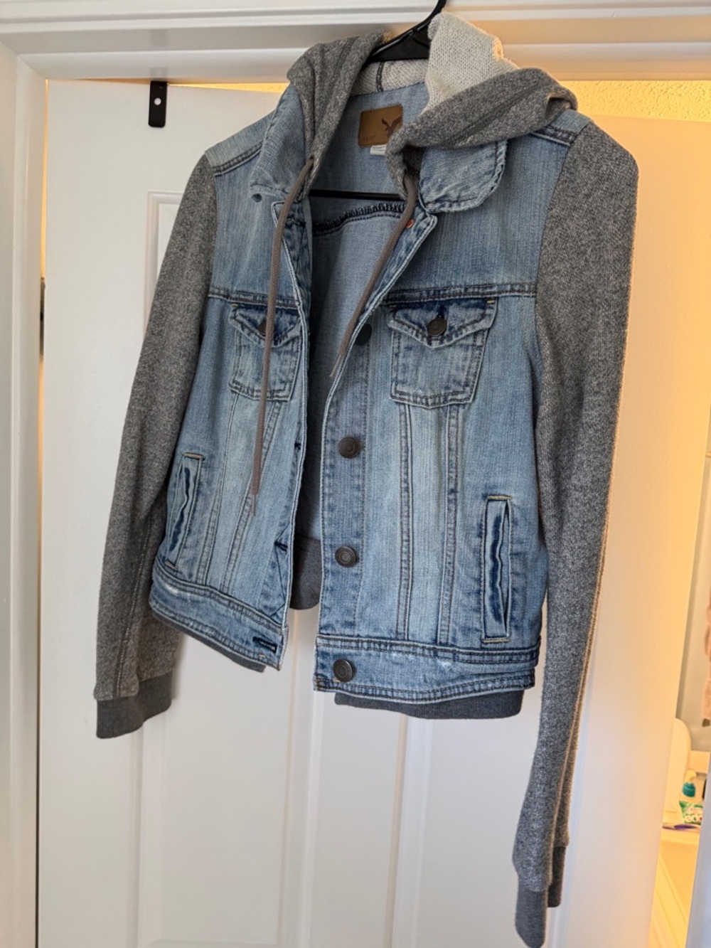 American Eagle Outfitters Light Blue Denim Jacket with Gray Knit Sleeves & Hood
